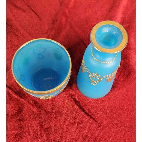 Blue Opaline Glass French Vase and Bowl with Gold Accent Gorgeous Set!  CT302 - Picture 7 of 13